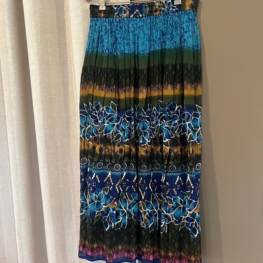 Chaudry KC Maxi Bohemian Tropical Floral Flowing Skirt, Turquoise, Size Medium - Picture 2 of 9